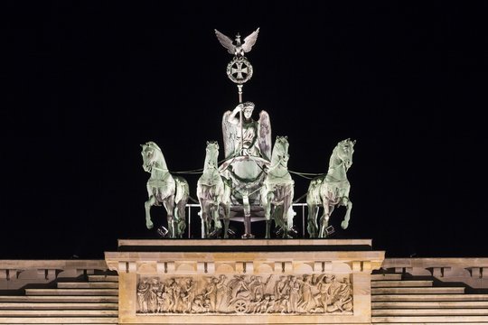 Quadriga on Brandenburg Gate at night, Berlin, Germany, Europe