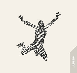 Jumping man. Freedom concept. 3d vector Illustration. Wire connection to virtual reality.