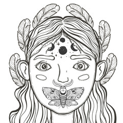 Beautiful young teenage girl, face foreground. Vintage sketch style of drawing. Sketch for tattoo, isolated print on t-shirt. Magical, mystical, ethnic style.