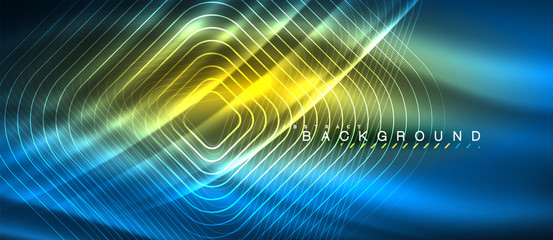 Neon glowing lines, magic energy space light concept, abstract background wallpaper design