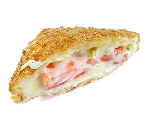 Homemade food, Closeup of a sandwich fried with Crab stick and mayonnaise isolated on white background.