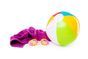 inflatable ball and swimming equipment isolated on white