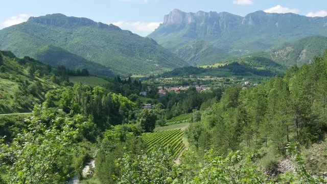 mountain landscape with Saillans village in  Drome, France