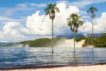 Salto Hacha, Salto Golondrina, Salto Wadaima and Salto Ucaima in Laguna de Canaima, Kurun-Tepui and Kusari-Tepui behind the falls, Canaima National Park, Venezuela