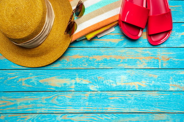Beach flat lay accessories. Top view