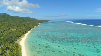 AERIAL: Deep blue waves coming from the Pacific rush towards the exotic beach.