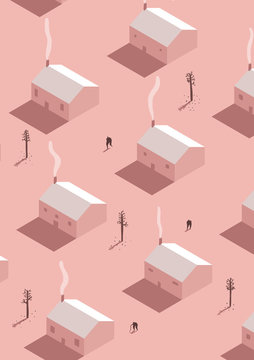 Pink isometric houses with chimneys and miniature people