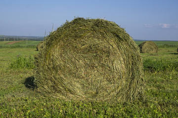 Straw bales on a field in the foreground.  Harvest of hay. Clouds in the sky. Agricultural farm. Hills with cultivated fields and hay bales