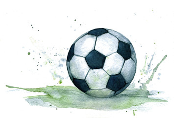 Isolated watercolour illustration of realistic black and white soccer ball with green splash © Iryna Bidovska