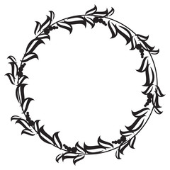 Black and white round frame with abstract flower silhouettes. 