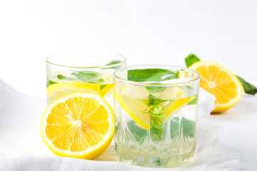Basil lemon water. Drink infused water cocktail. Healthy lifestyle concept. Copy space