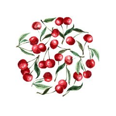 Round composition of cherries. Watercolor drawing. Isolated on white.