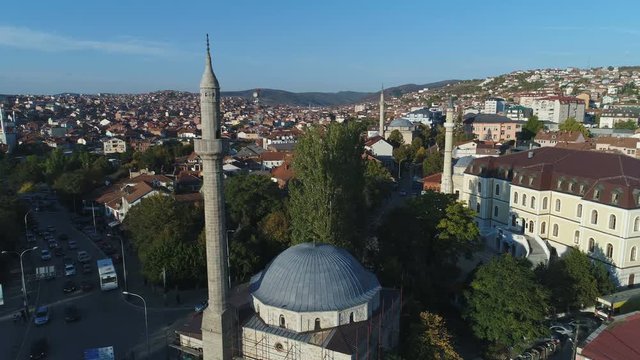 Flying towards Ottoman empire era mosques in Pristina, Islamic religion in Kosovo, Europe