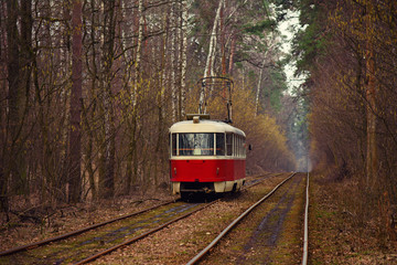 Fototapeta na wymiar Vintage red tram running through the forest part of the city. Autumn background in the park in Kiev, Ukraine.
