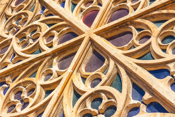 The largest rose window of the Cathedral of Santa Maria of Palma, also known as La Seu, from the...