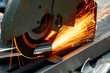 Worker Use Chop Saw to Cutting a Thick Stainless Steel Tube in a Construction Work Site.