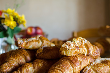 Fresh almond croissants pastry home baked for family breakfast