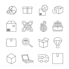 Delivery. Set of outline vector icons. Includes such as Loading, Express Delivery, Tracking Search, Cargo Ship and other. Editable Stroke