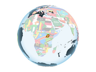 Uganda with flag on globe isolated