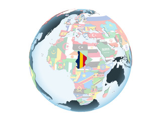 Chad with flag on globe isolated