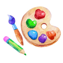 Watercolor palette with paints, brush and pencil illustration Isolated On White Background on the school theme. Back to school. Perfect for the artist.