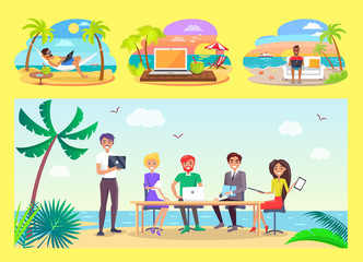 Freelancers Work at Office Table on Tropical Beach