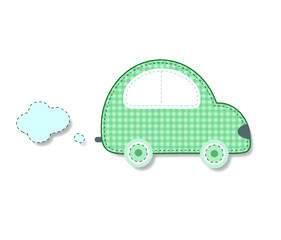 Cut out fabric or paper chequered green retro car sticker or icon