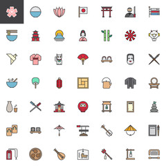 Japanese culture elements filled outline icons set, line vector symbol collection, linear colorful pictogram pack. Signs, logo illustration, Set includes icons as Cherry blossom sakura, Japan Noodles