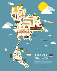 Thailand map with colorful landmarks illustration design