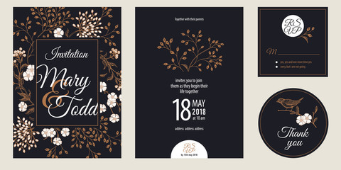 Vintage greeting and invitations card with flowers and bird set.
