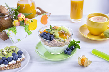 Healthy breakfast bowl. Yogurt with chia seeds, corn pads, fresh berries and mint. Orange juice, toast and lemon tea on a white background