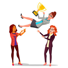 Winner Business Woman Vector. Throwing Colleague Up. Colleague Celebrating Goal Achievement. Holding Golden Cup. Champion Number One. Flat Cartoon Illustration