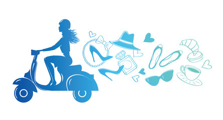 Scooter_paris/Girl in dress riding a scooter. Silhouette. Vector hand drawn illustration. Fashion accessories.