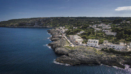 Italia, Luglio 2018 - vista aerea del paese Marina Serra nel Salento tra Santa Maria di Leuca e Otranto