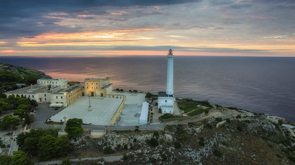 Italia, Luglio 2018 - vista aerea del faro di santa maria di leuca all'alba