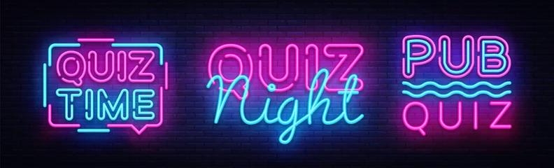 Peel and stick wall murals Pub Quiz night collection announcement poster vector design template. Quiz night neon signboard, light banner. Pub quiz held in pub, bar, night club. Pub team game. Questions game retro light sign Vector