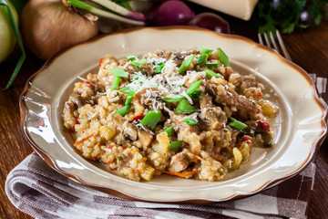 Risotto with champignon mushrooms, pork and parmesan