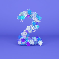 Winter alphabet number 2. Christmas font made of snowflakes. 3D render.