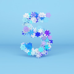 Winter alphabet number 5. Christmas font made of snowflakes. 3D render.