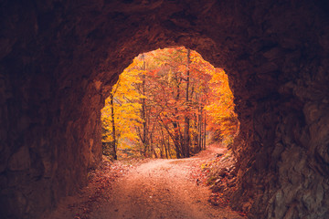 Stone Carved Tunnel and Red Sunset Light opening on Autumn Foliage.