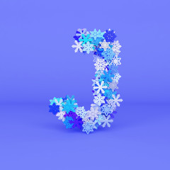Winter alphabet letter J uppercase. Christmas font made of snowflakes. 3D render.