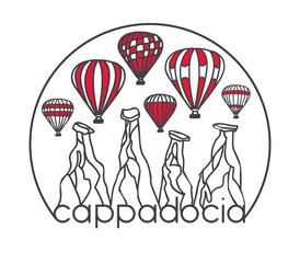 Fototapeta na wymiar Modern illustration of a famous turkish travel destination Cappadocia. Striped air balloons, chimney rocks in half circle frame. Hand drawn doodle black outline and red color blocks on white.