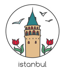 Vector illustration of famous landmark in Istanbul - Galata tower, tulip flowers and seagulls. Hand drawn doodle architecture in circle frame. Tourism and travel print design with turkish symbols.