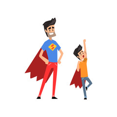 Smiling super hero dad and his son spending time together vector Illustration on a white background
