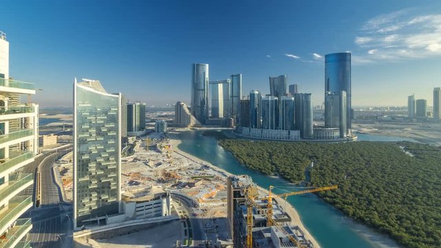 Buildings on Al Reem island in Abu Dhabi timelapse from above.