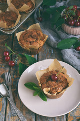 Muffin from flax seeds, millet and rice flour with cherries. Gluten-free cake. Healthy pastries....