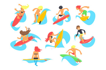 Surf people characters with surfboard riding waves set, cartoon vector Illustrations on a white background