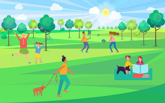 People Spending Leisure Time in Park Illustration