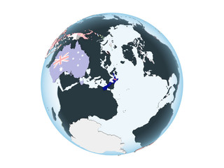 New Zealand with flag on globe isolated