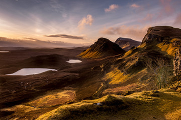 Sunrise on the landslip at Quiraing, Trotternish Peninsula, overlooking Loch Fada, Isle of Skye
